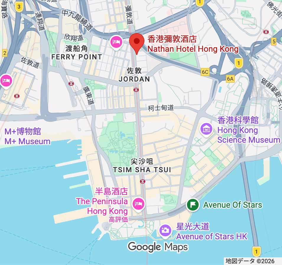 Nathan Hotel から佐敦、尖沙咀、ビクトリアハーバーまでの地図