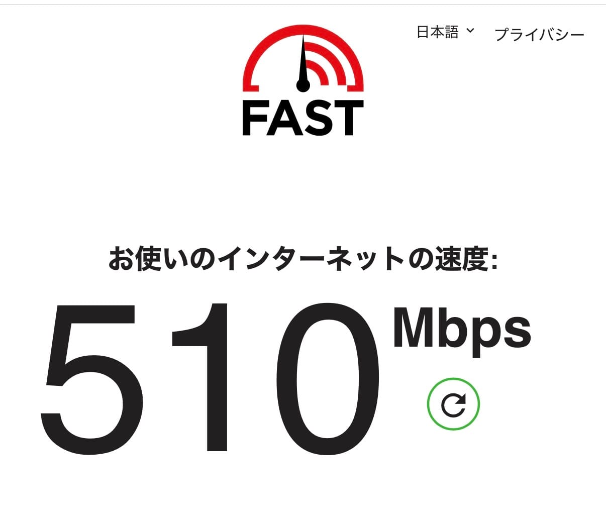 速度測定の画面。お使いのインターネットの速度 510 Mbps
